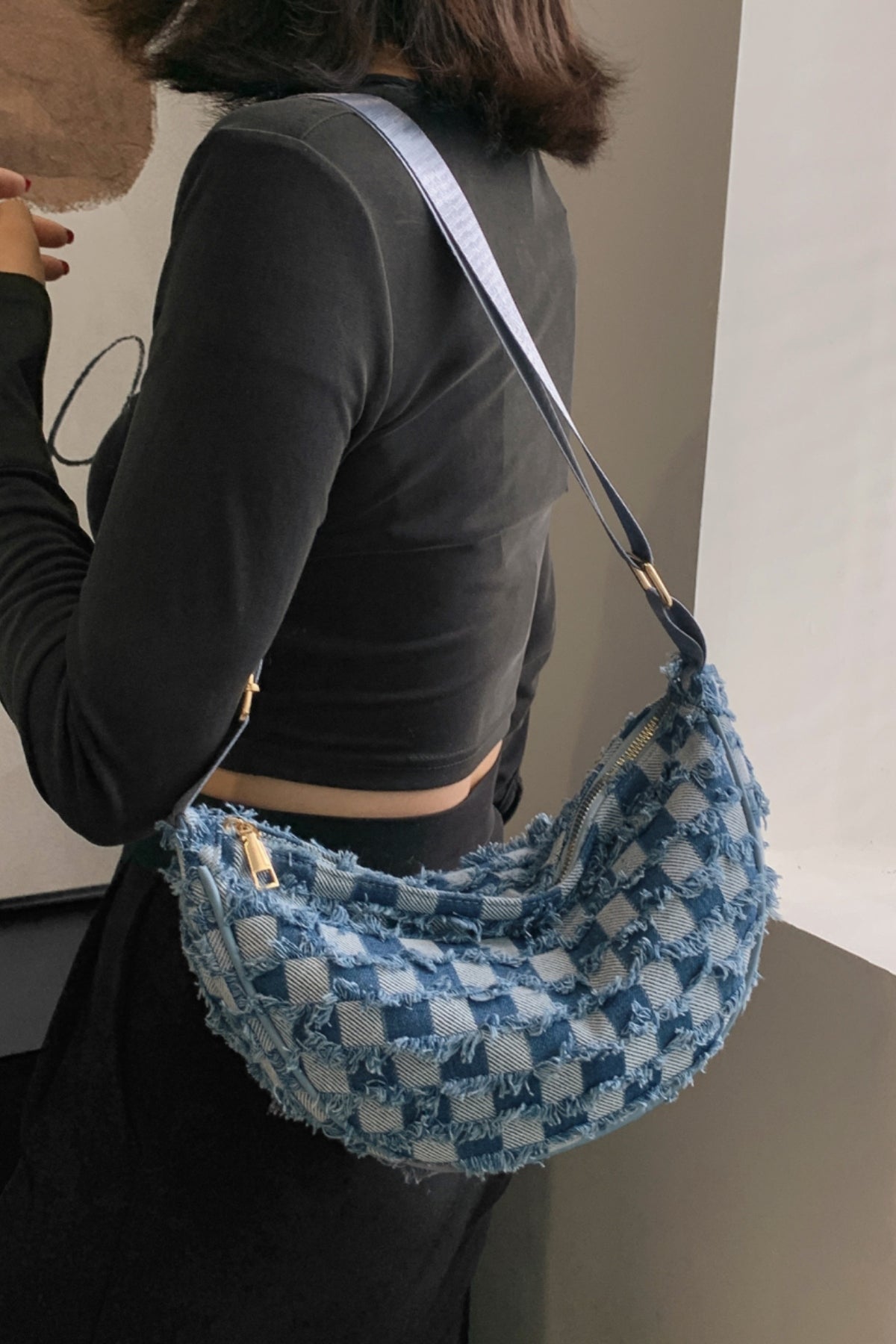 Raw Hem Checkered Denim Crossbody Bag